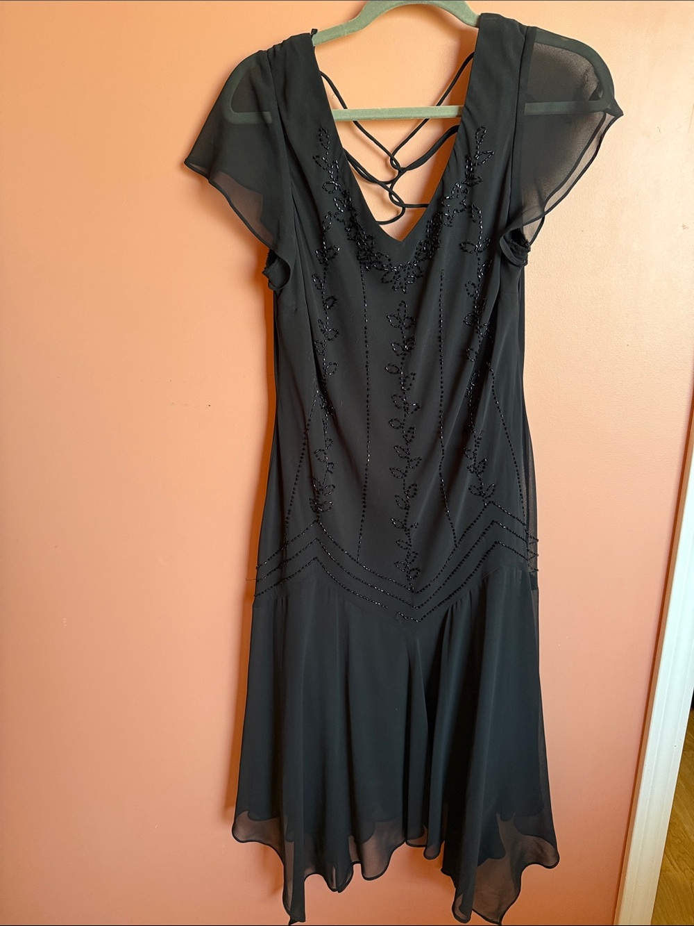 SL Fashions Black Beaded Backless Flutter Sleeve Dress